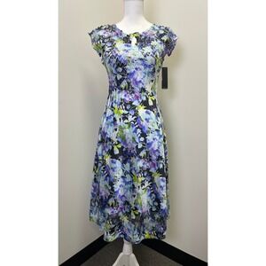 NWT Komarov Crinkle Midi Dress Small Pleated Mesh Cap Sleeve Floral Blue